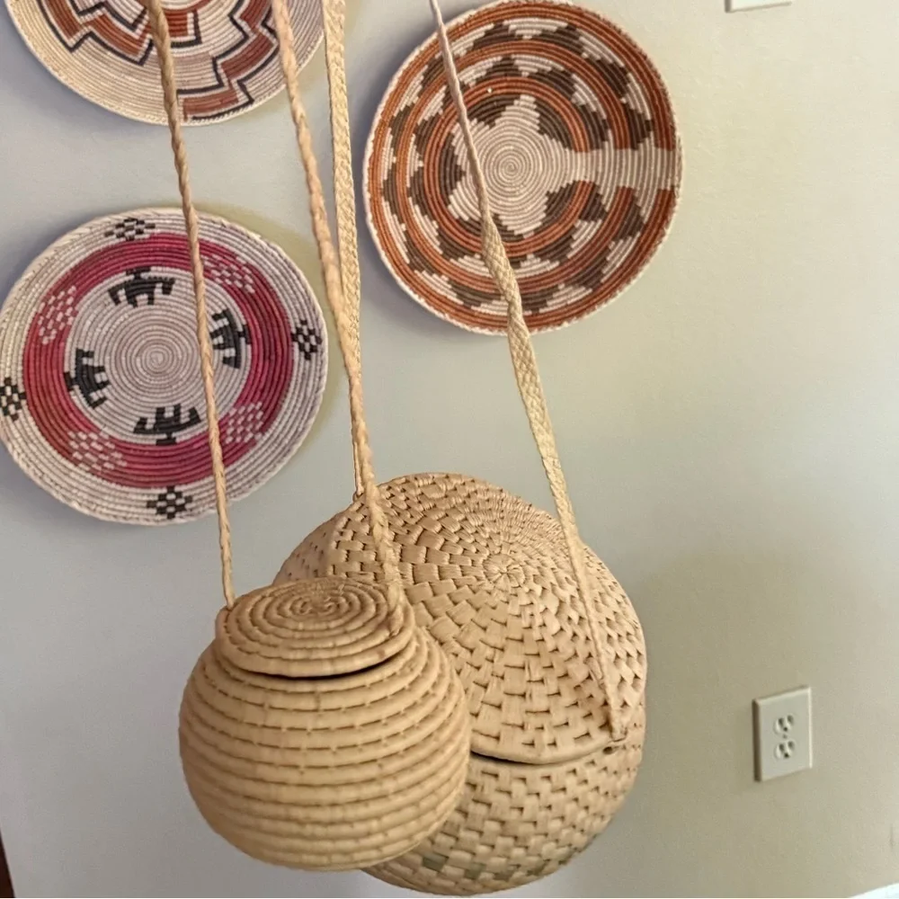 Baskets Round Pair Woven Lid Long Straps & added 3 more! (5 total)